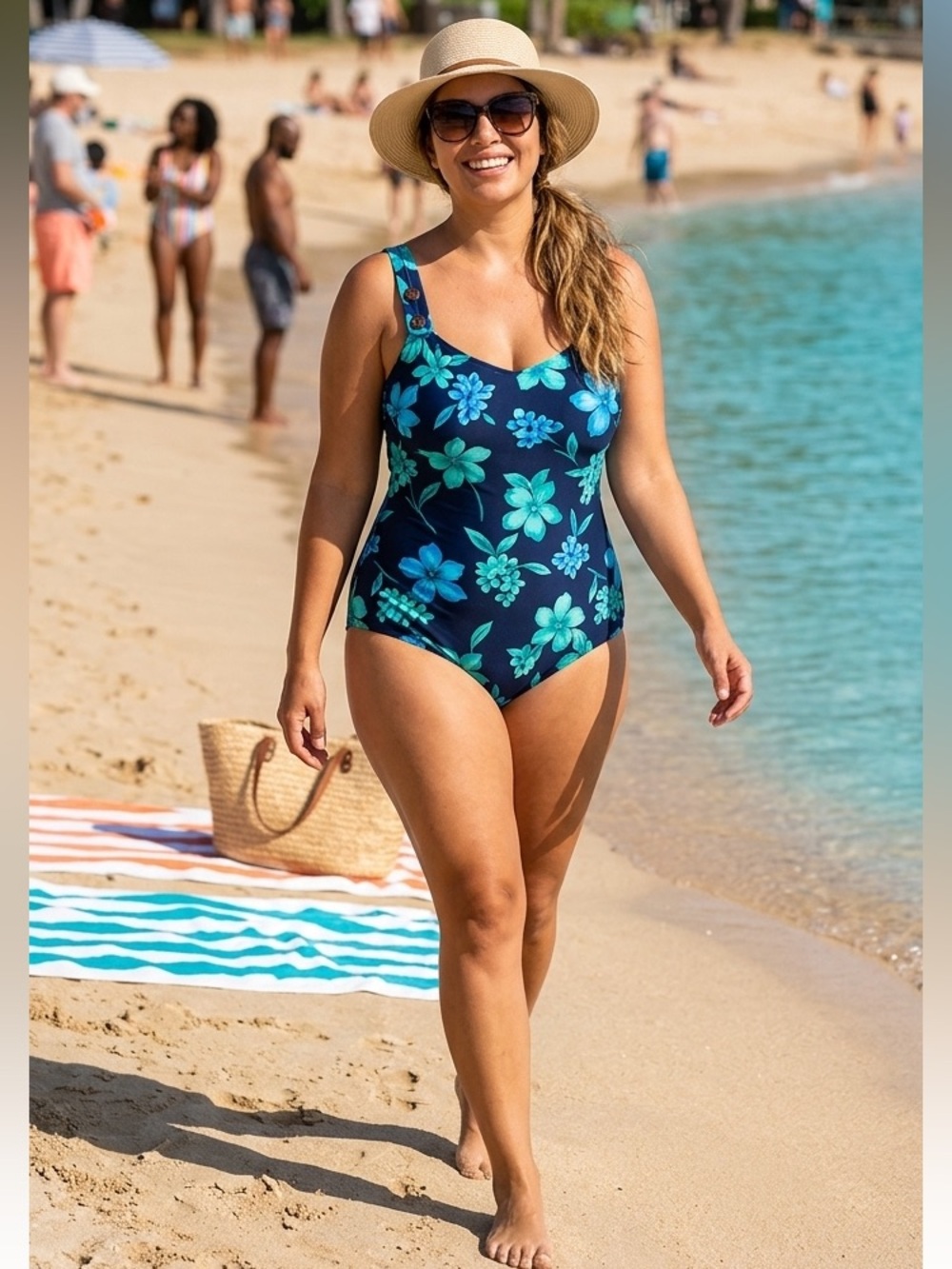 Maxine of Hollywood Navy One-Piece Swimsuit with Blue and Teal Floral Print